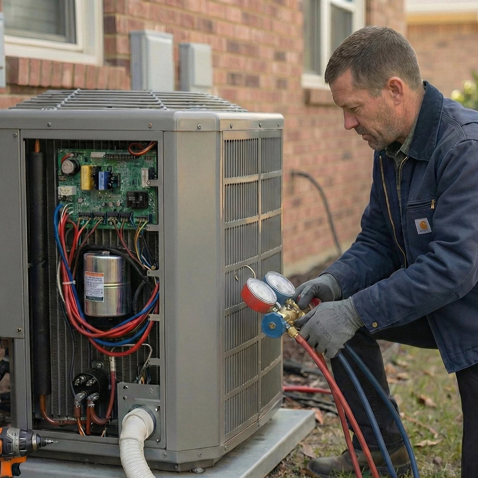 A Professional Heating and Cooling technician services an outdoor compressor unit beside a house in Nashville.