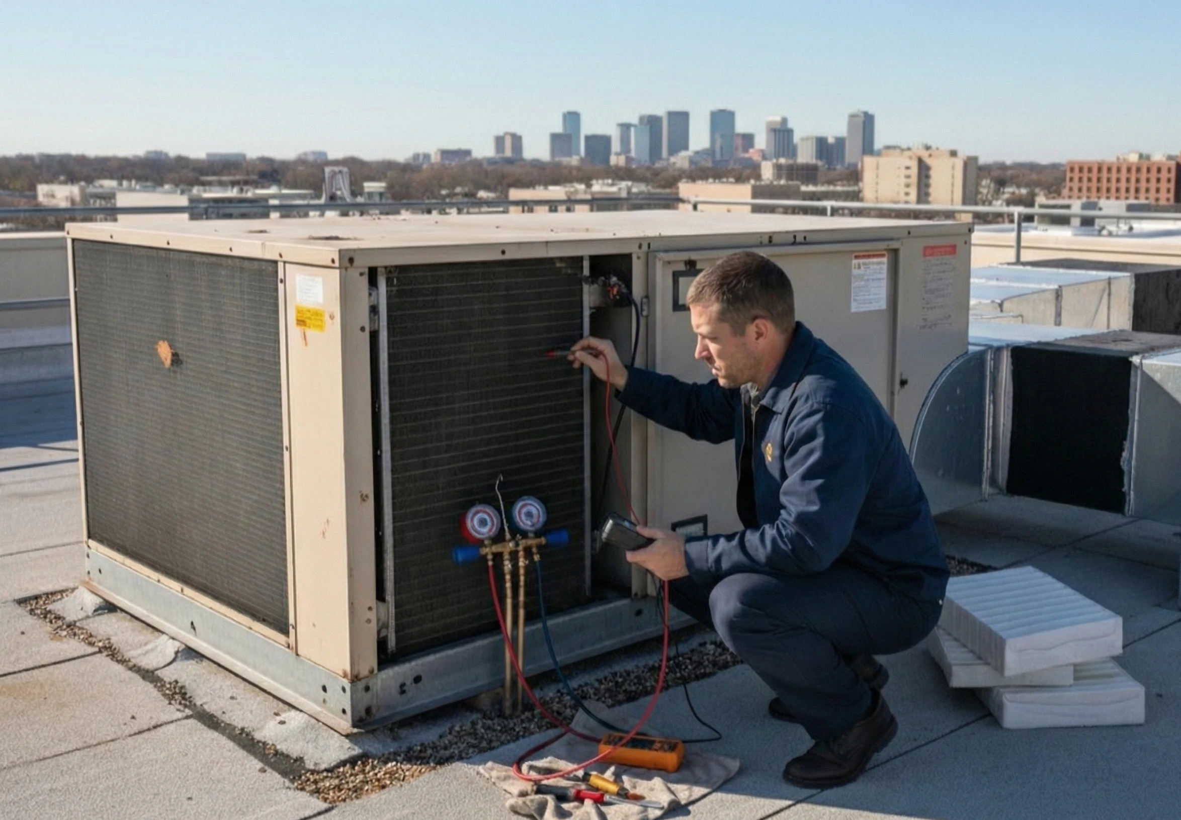 The owner of Professional Heating and Cooling providing commercial HVAC services on a Nashville rooftop.