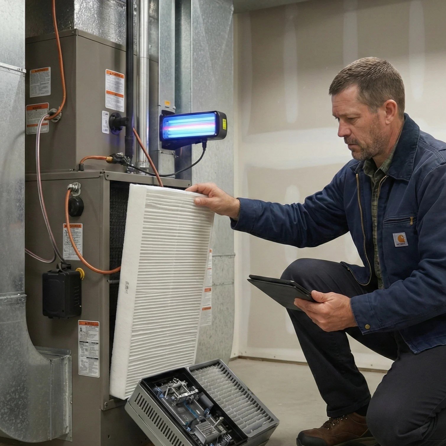 Professional Heating and Cooling technician diagnosing an issue during an AC repair service.