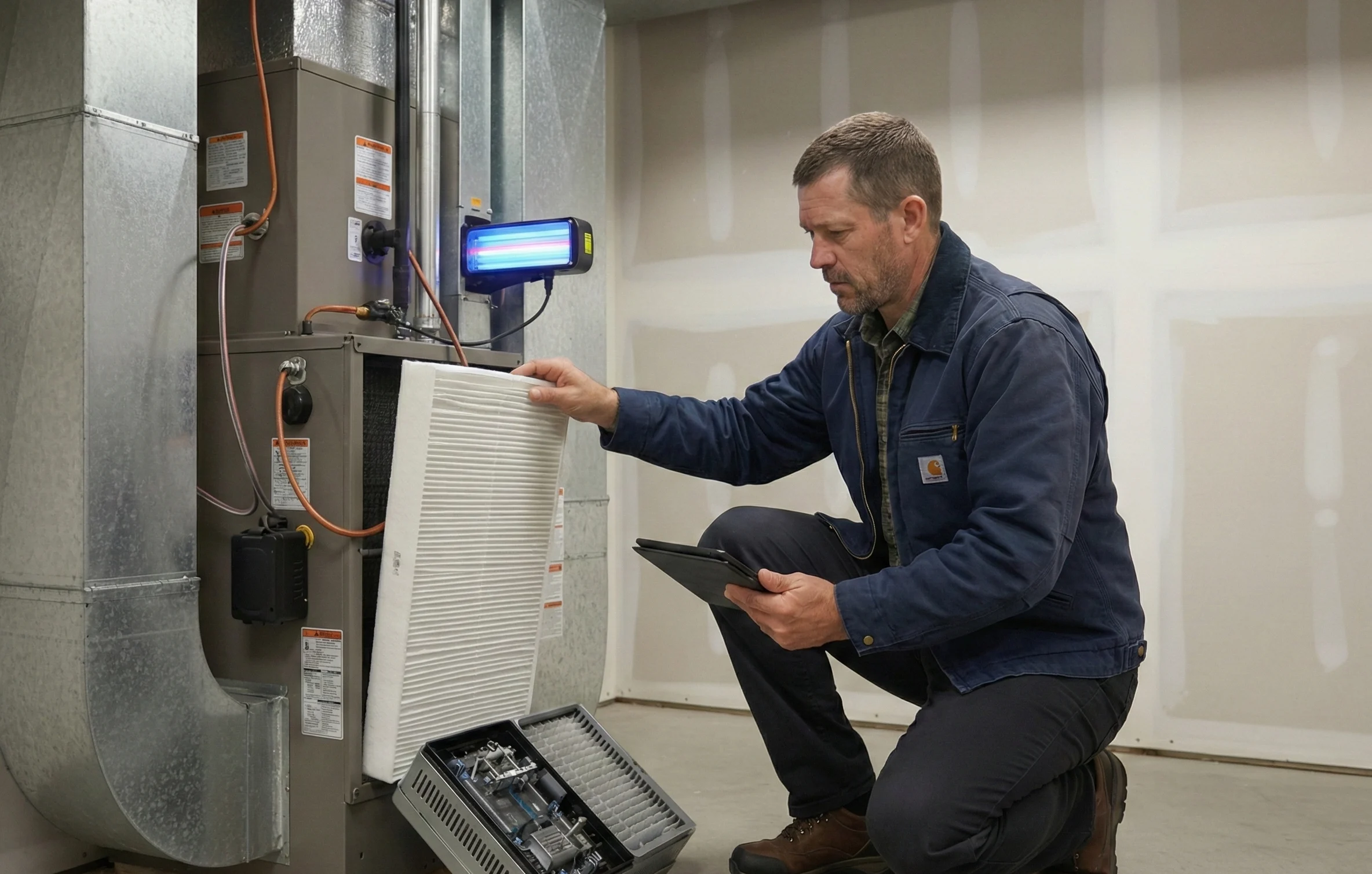 Professional Heating and Cooling expert technicians installing indoor air quality systems for a Nashville home.