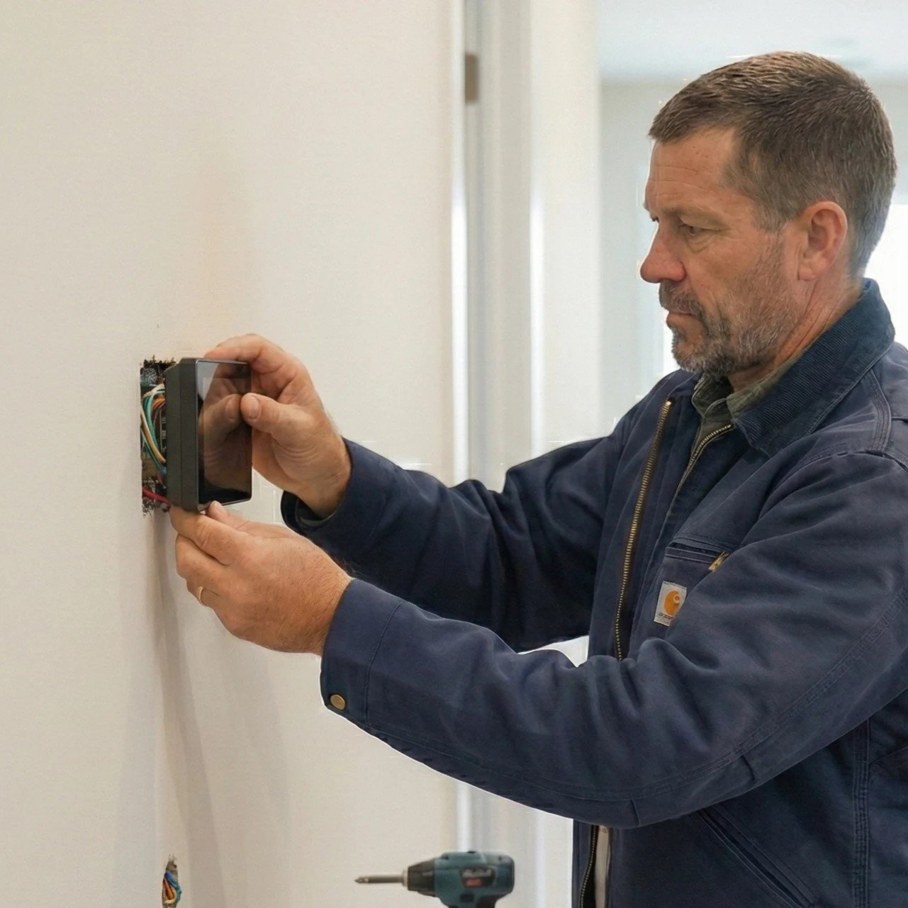 Professional Heating and Cooling technician diagnosing an issue during an AC repair service.